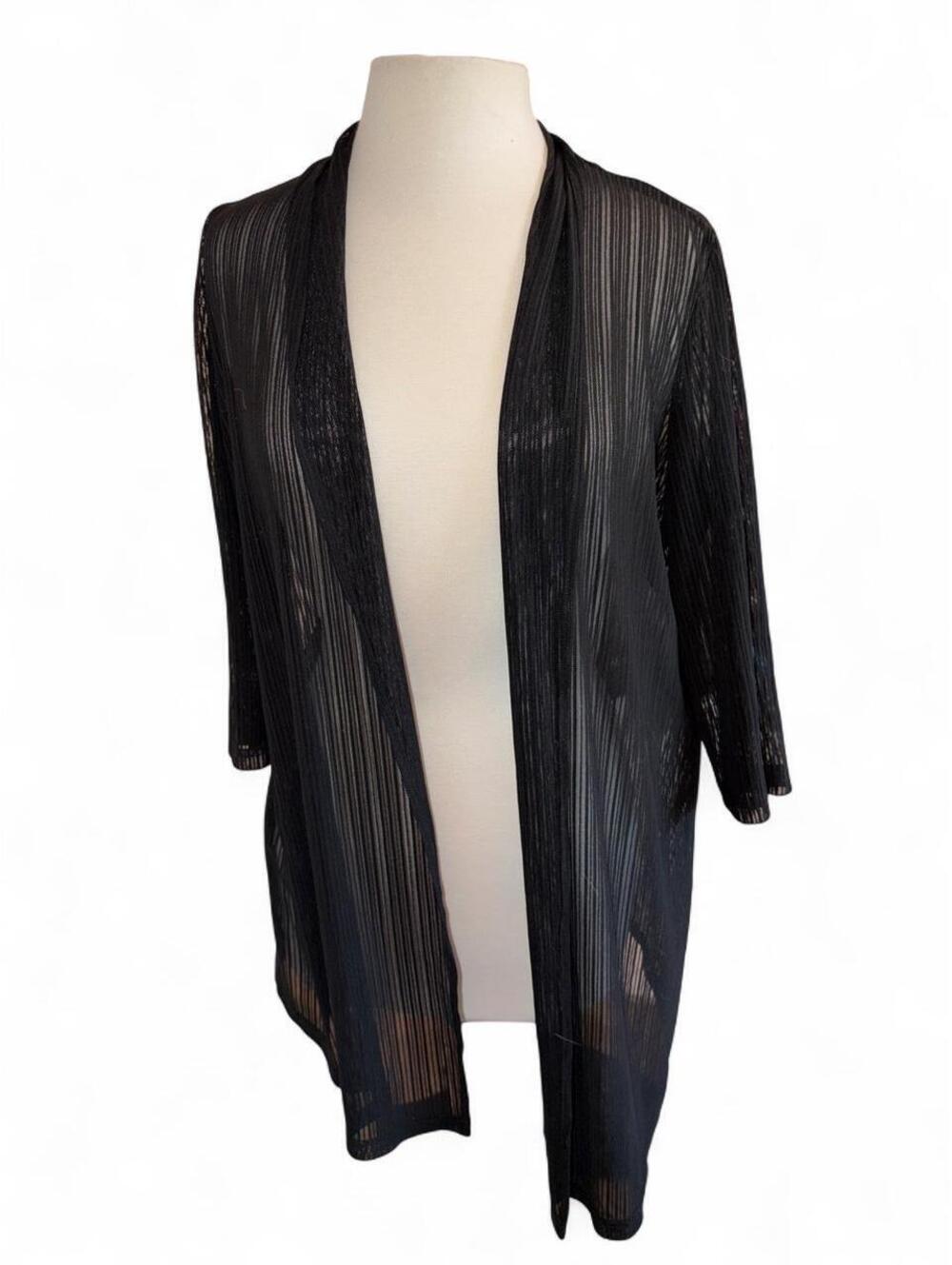 Thin More Black Sheer Pleated Open-Front Cardigan Duster Kimono Jacket